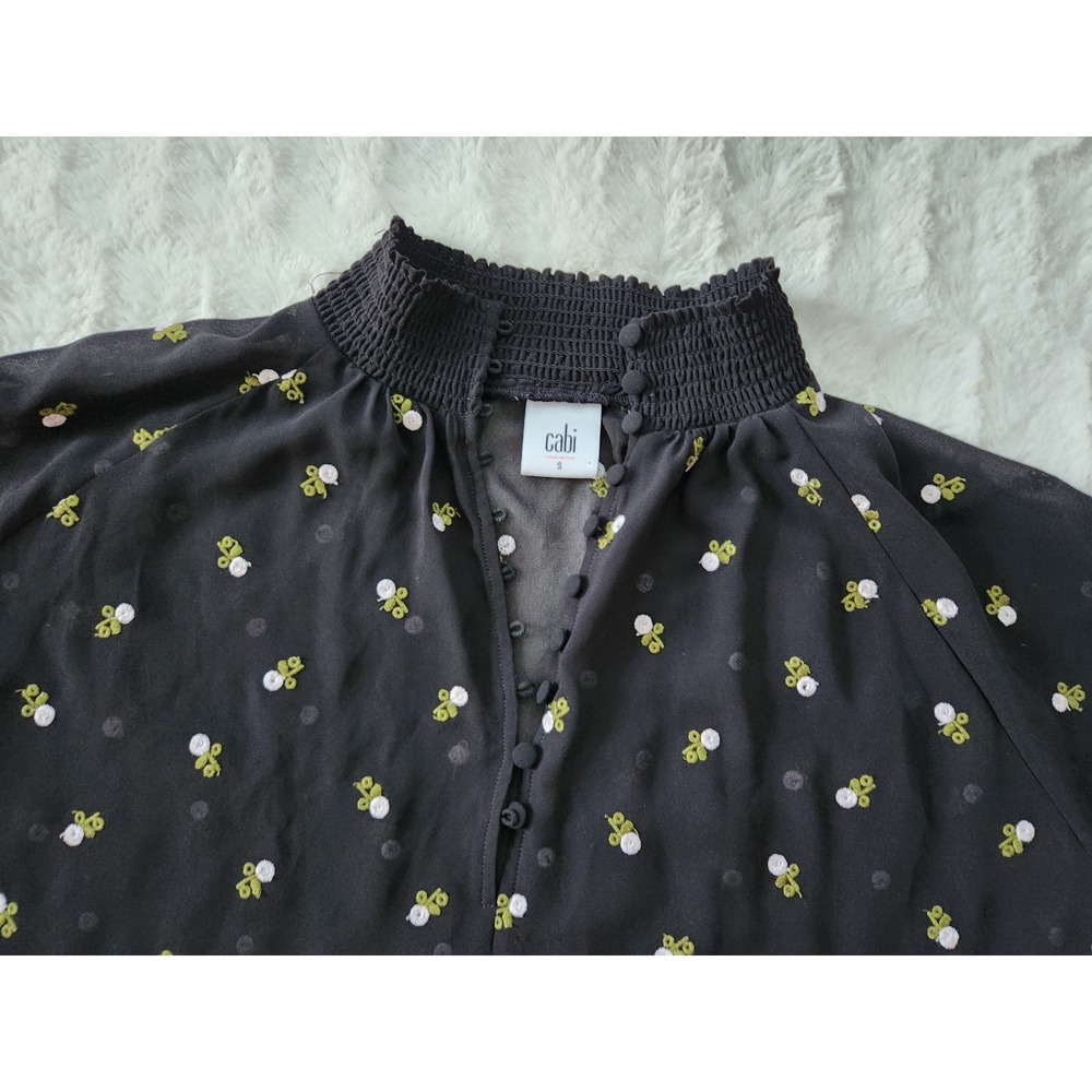 Cabi #5338 Black Rose Embroidered Blouse Floral Sheer Top Smocked Womens Sz S